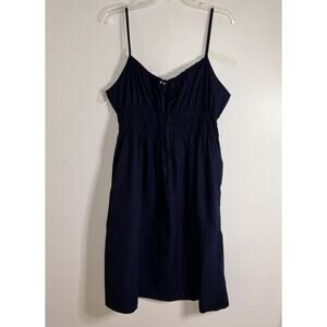 Quince 100% Organic Cotton Keyhole Midi Dress Navy XL Smocked Bodice Pockets